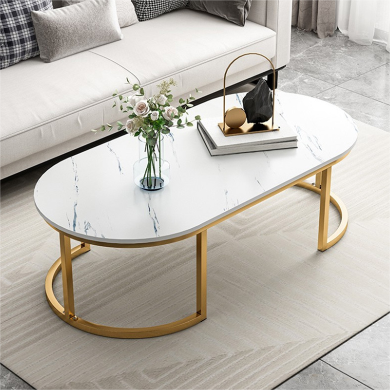 Glam Style Oval Marble Coffee Table with Iron Base Coffee Cocktail Table