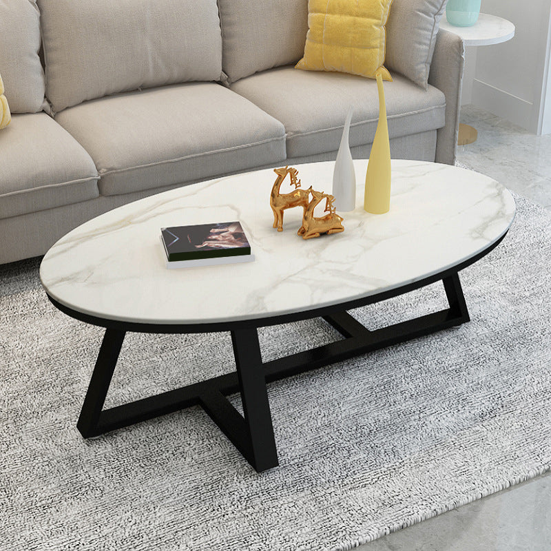 Cross Legs Coffee Table with Stone Oval Top and Iron Base Cocktail Table
