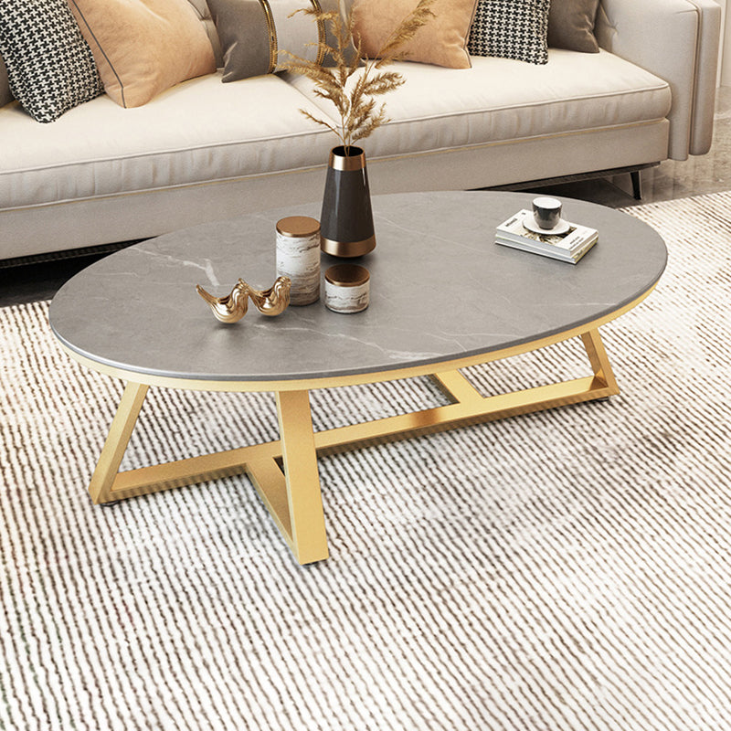 Cross Legs Coffee Table with Stone Oval Top and Iron Base Cocktail Table