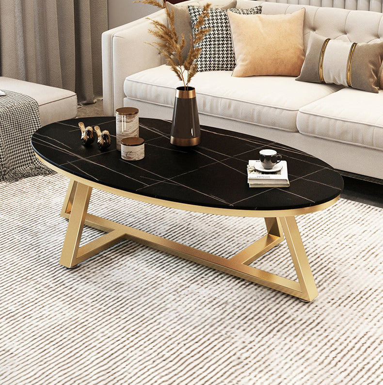 Cross Legs Coffee Table with Stone Oval Top and Iron Base Cocktail Table