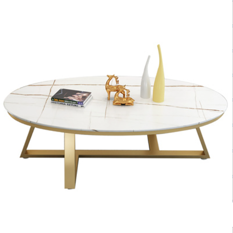 Cross Legs Coffee Table with Stone Oval Top and Iron Base Cocktail Table