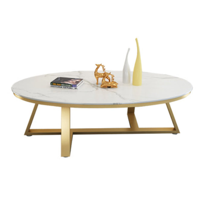 Cross Legs Coffee Table with Stone Oval Top and Iron Base Cocktail Table