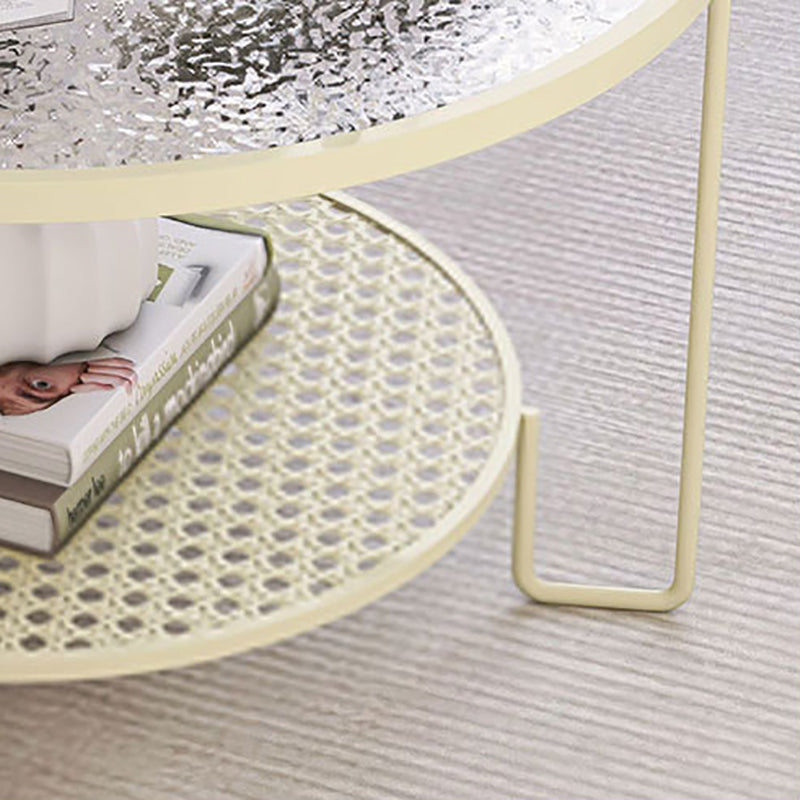 Modern Round Glass Top Coffee Table with 3 Iron Legs and Shelf