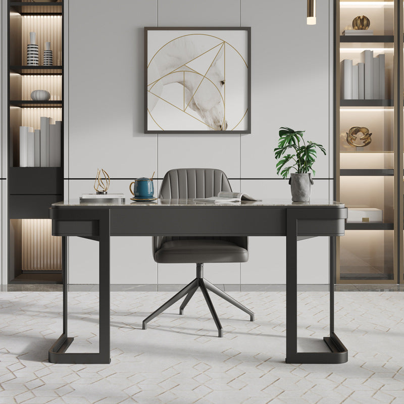 Dark Taupe Writing Desk Curved Sled Office Desk with Drawers Glam