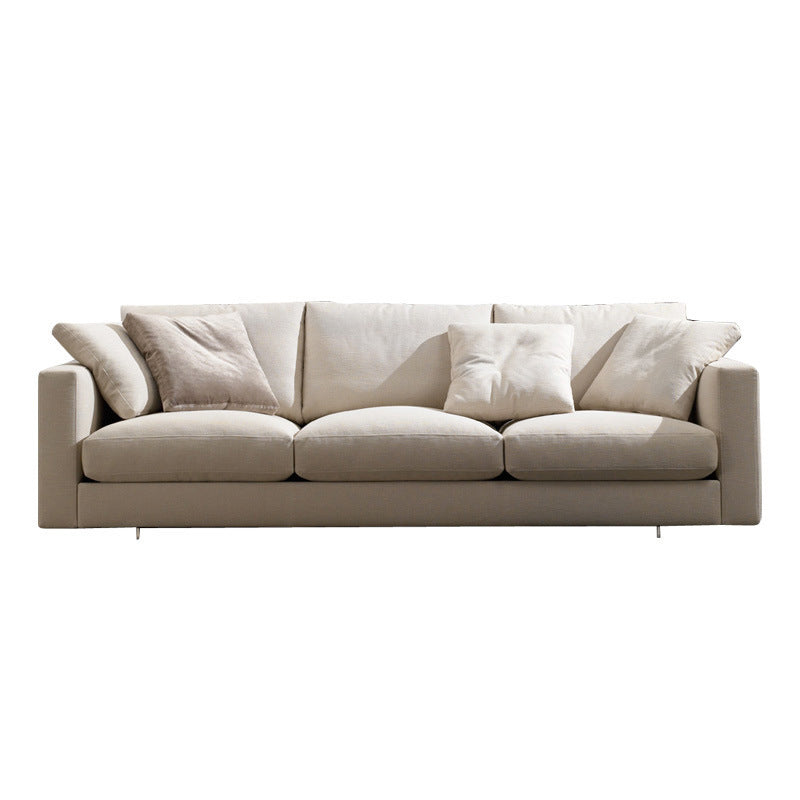 Slipcovered Sofa Beige Fabric Square Arm Sofa with 4 Pillows