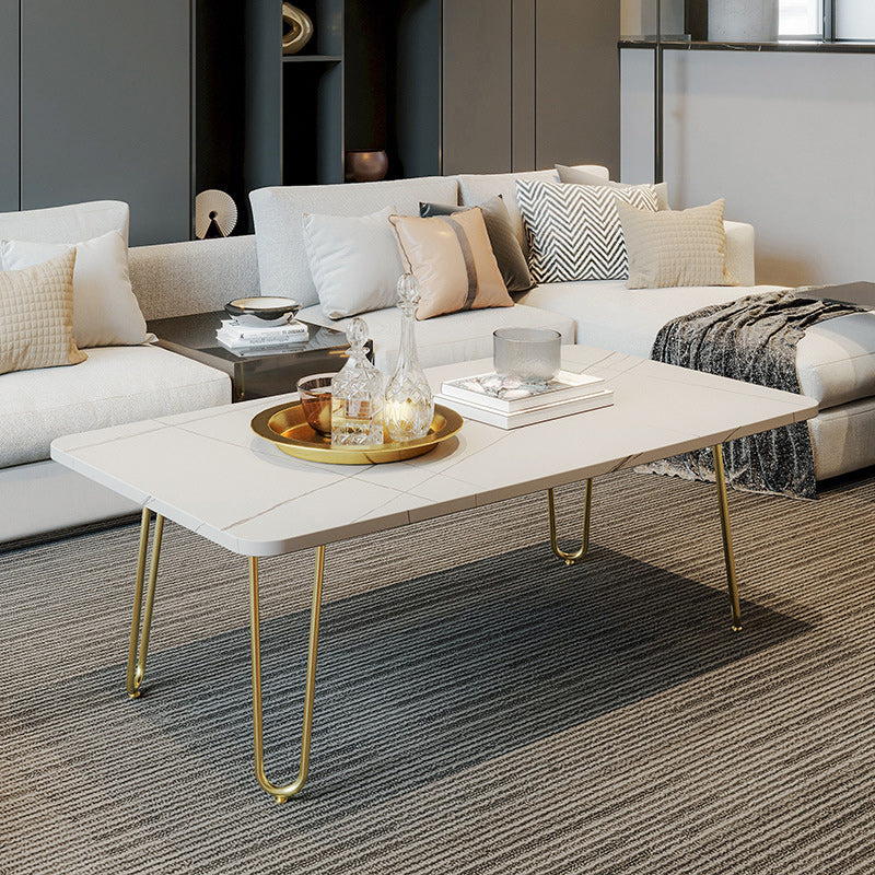 Glam Rectangle Stone Top Cocktail Table with 4 Metal Legs Coffee Table