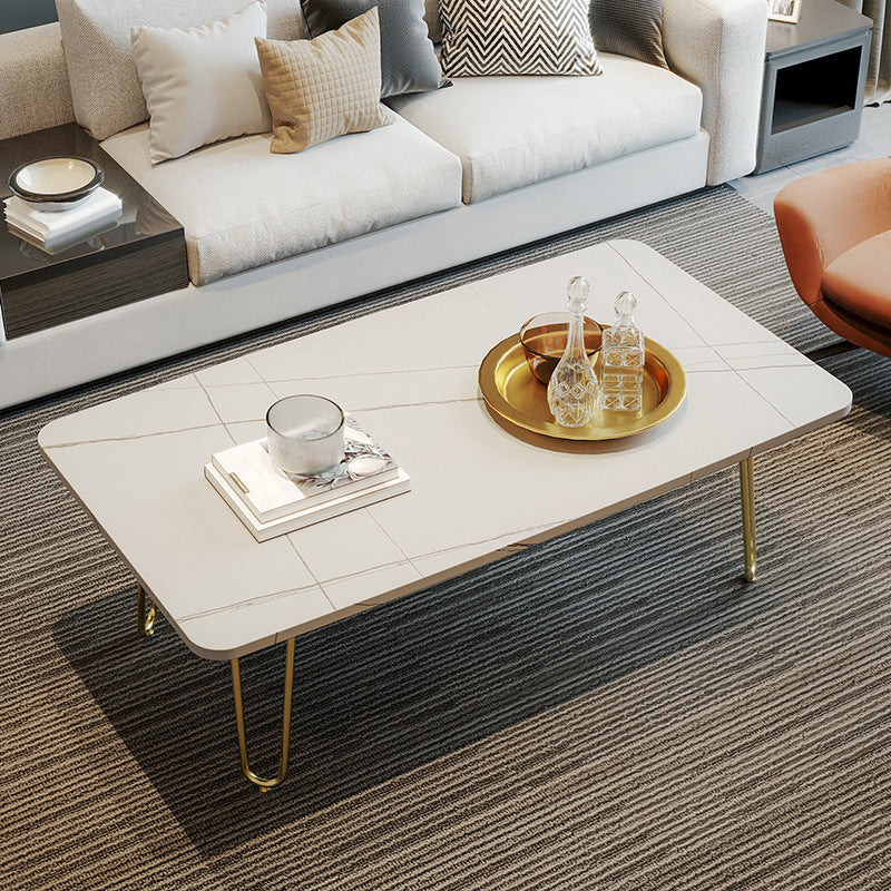 Glam Rectangle Stone Top Cocktail Table with 4 Metal Legs Coffee Table