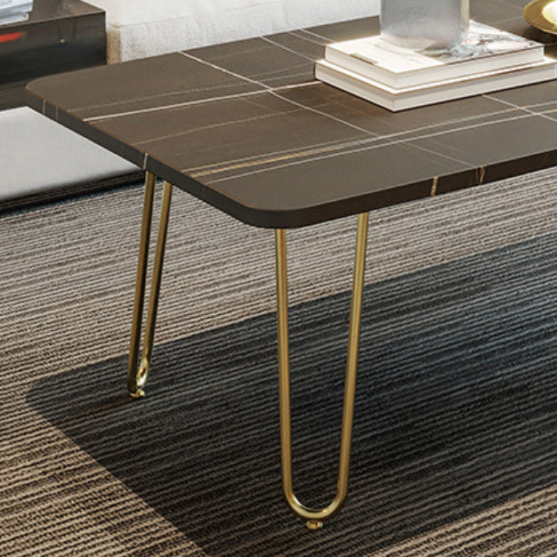 Glam Rectangle Stone Top Cocktail Table with 4 Metal Legs Coffee Table