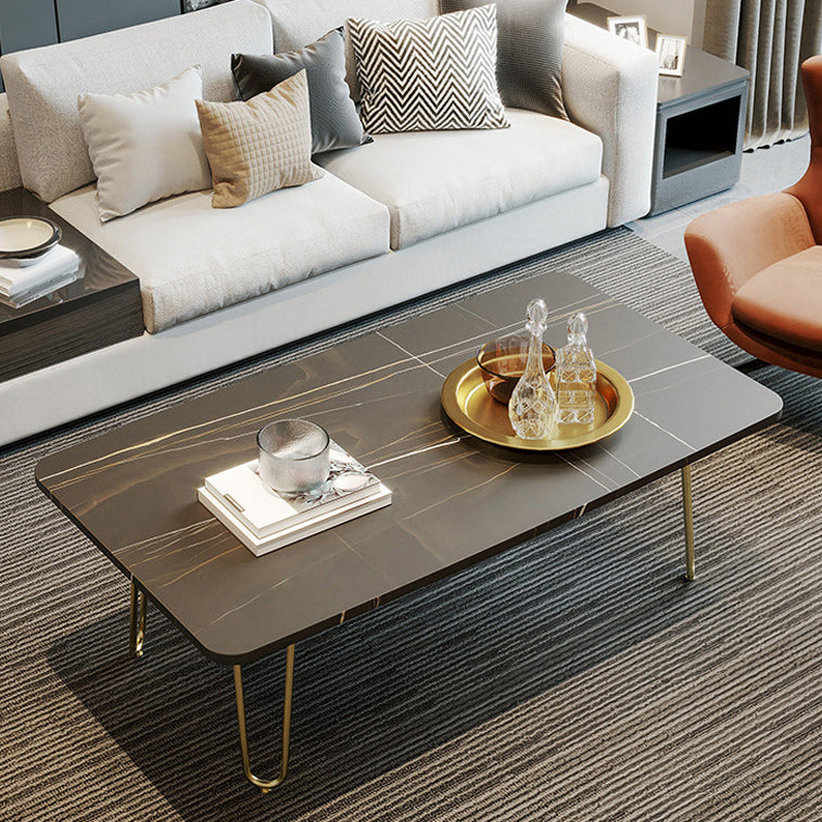 Glam Rectangle Stone Top Cocktail Table with 4 Metal Legs Coffee Table