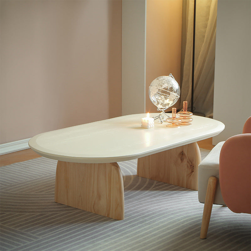 Oval Pine Wood Coffe Table with Wooden Sled Base Cocktail Table