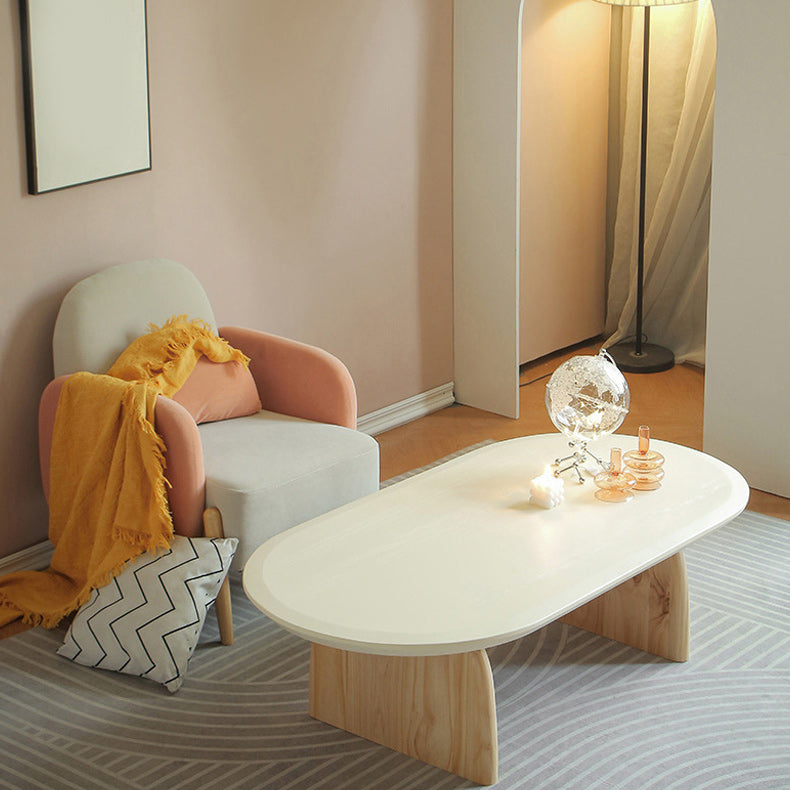 Oval Pine Wood Coffe Table with Wooden Sled Base Cocktail Table