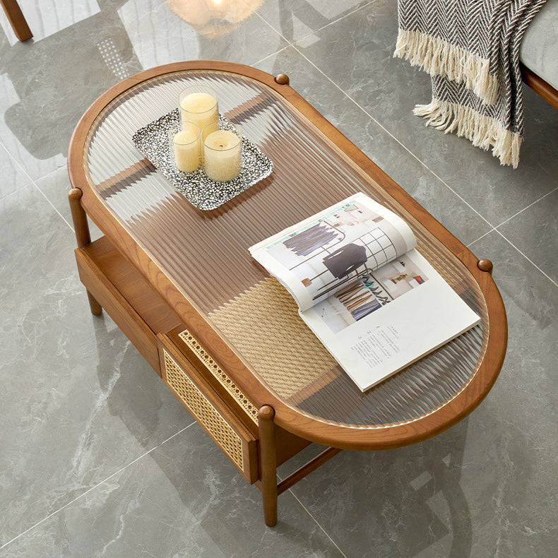 Modern Oval Glass Top Coffee Table with Shelf and 4 Drawers Cocktail Table