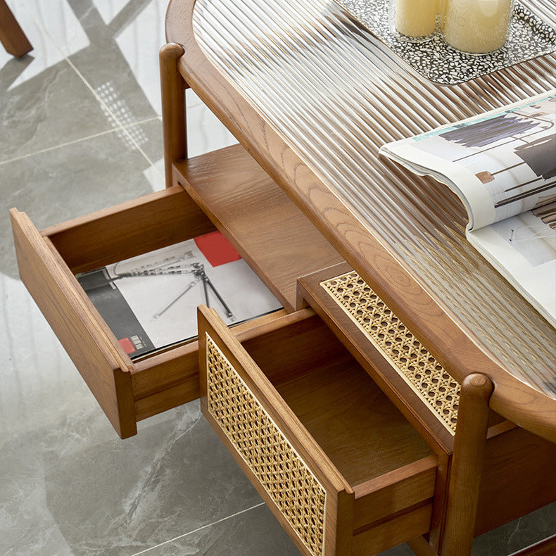 Modern Oval Glass Top Coffee Table with Shelf and 4 Drawers Cocktail Table