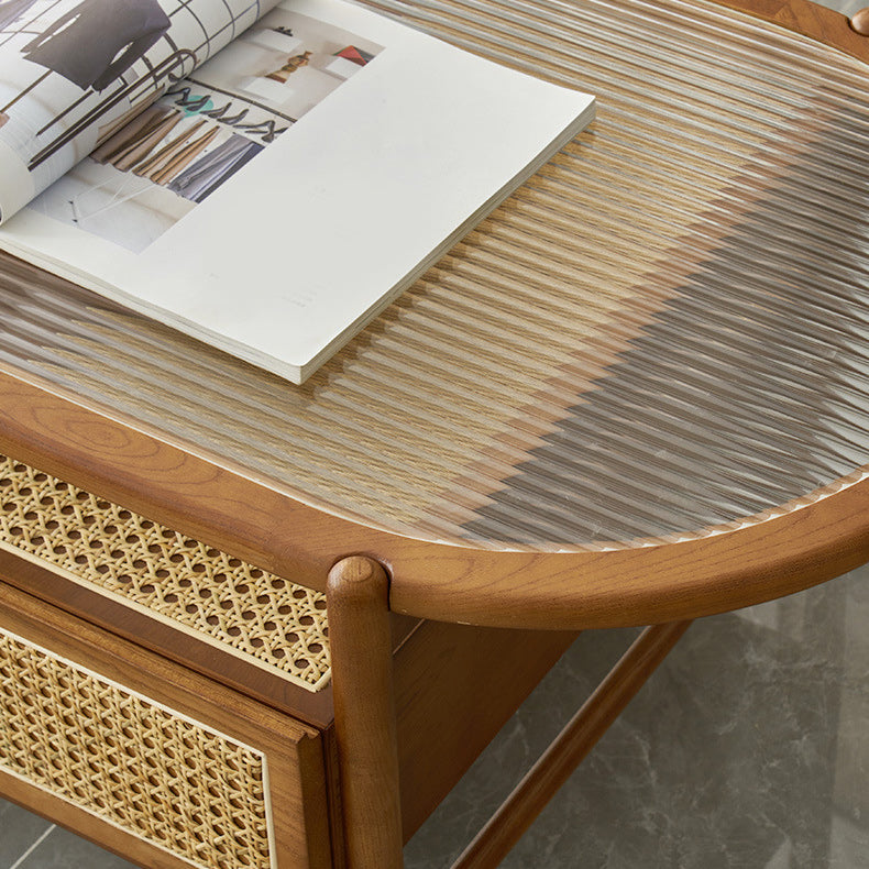 Modern Oval Glass Top Coffee Table with Shelf and 4 Drawers Cocktail Table