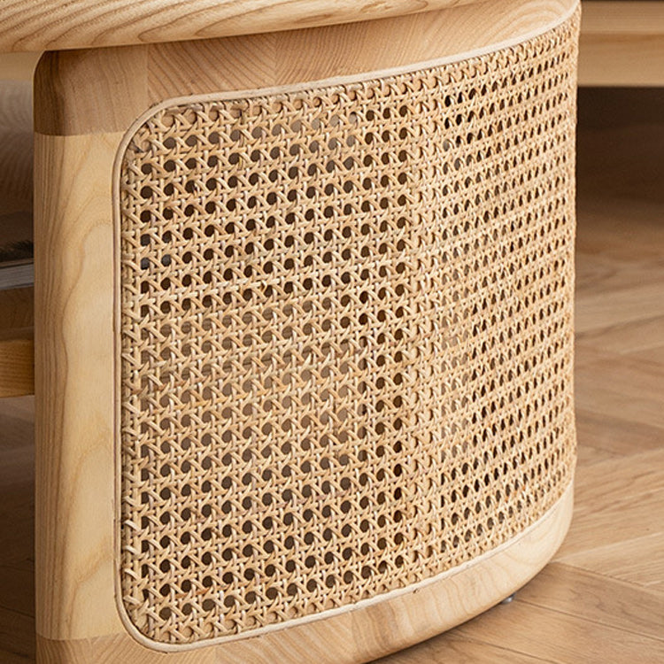 Scandinavian Round Coffee Table with Shelf in Wicker and Solid Wood