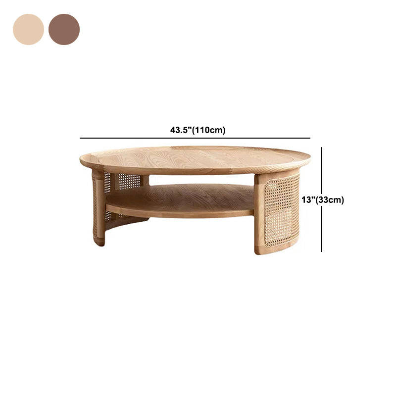 Scandinavian Round Coffee Table with Shelf in Wicker and Solid Wood