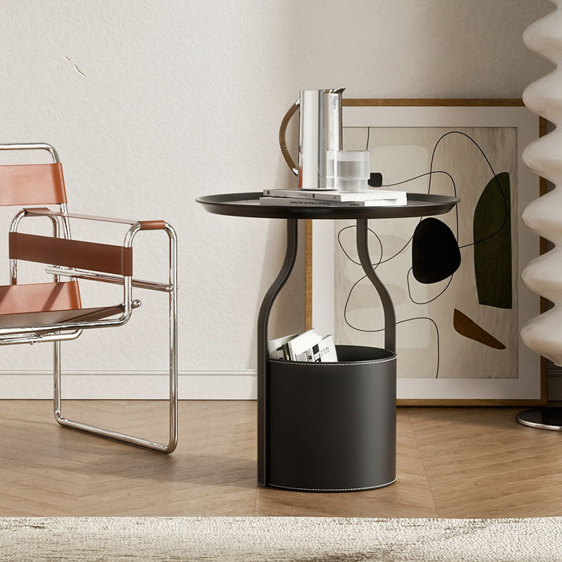 Metal Round Tray Top Side Table 20.9" Tall Leather Pedestal End Table with Storage