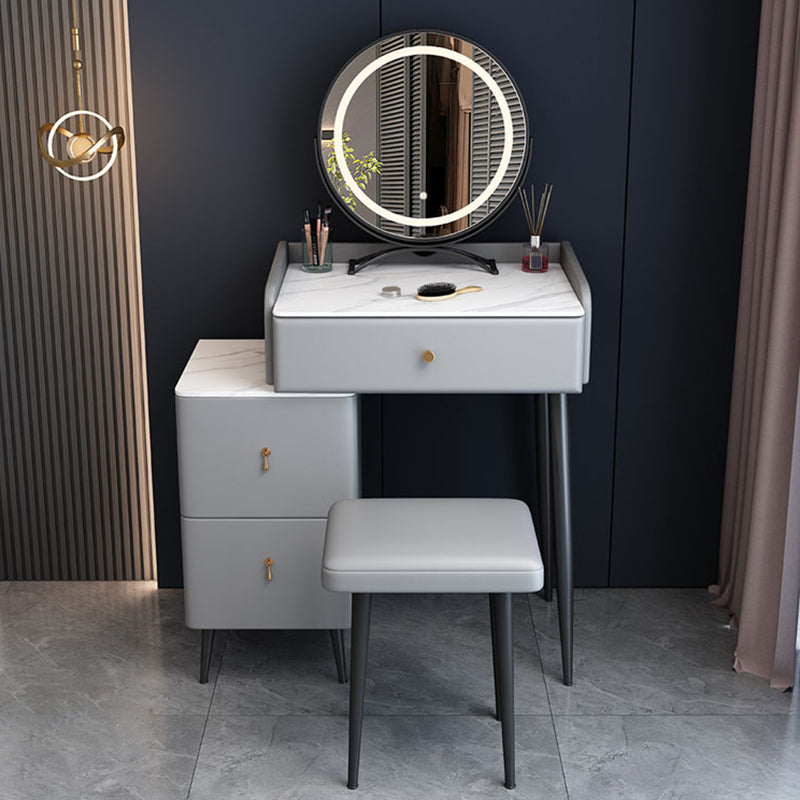 Modern 3 Drawers Vanity Desk 23.62" W Stone Top Dressing Table Stool Set