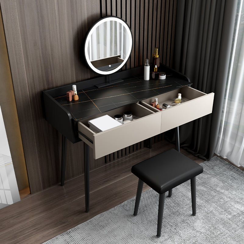 Black Stone Top Vanity Desk Contemporary 2 Drawers Dressing Table with Stool