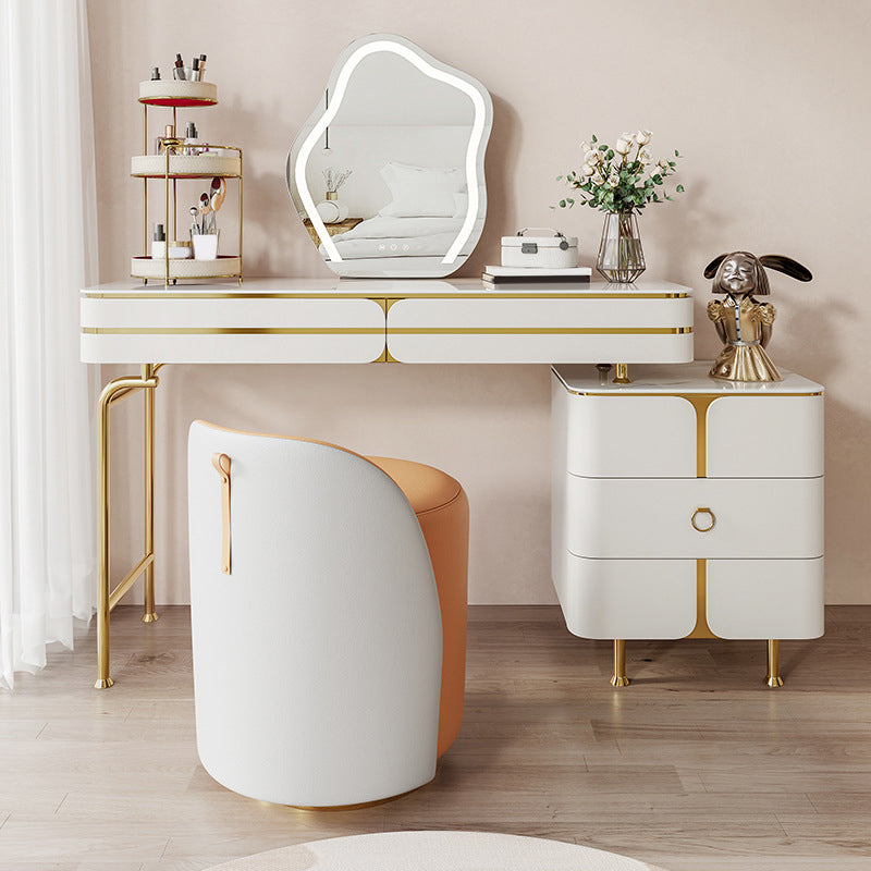 White Glam Vanity Dressing Table Set with Stool & 5 Storage Drawers