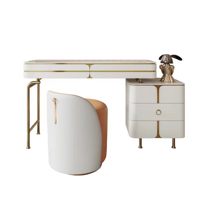 White Glam Vanity Dressing Table Set with Stool & 5 Storage Drawers