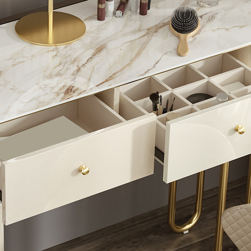 Luxurious Stone Vanity Table with Drawers 30.7" H Makeup Dressing Table Stool Set in Beige