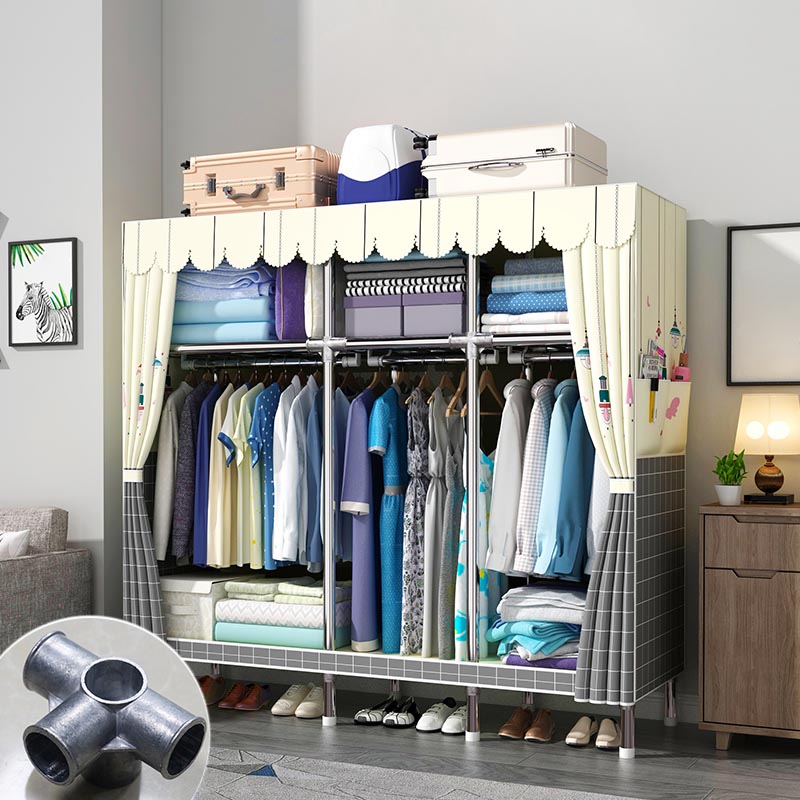 Modern Style Metal Wardrobe 3-Tier Cloth Rod Included Wardrobe Closet