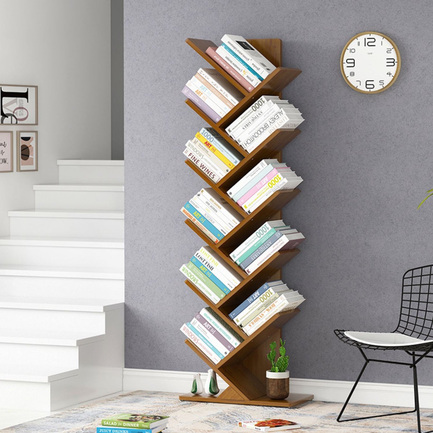 Modern Bamboo Bookshelf Geometric Closed Back Vertical Bookcase