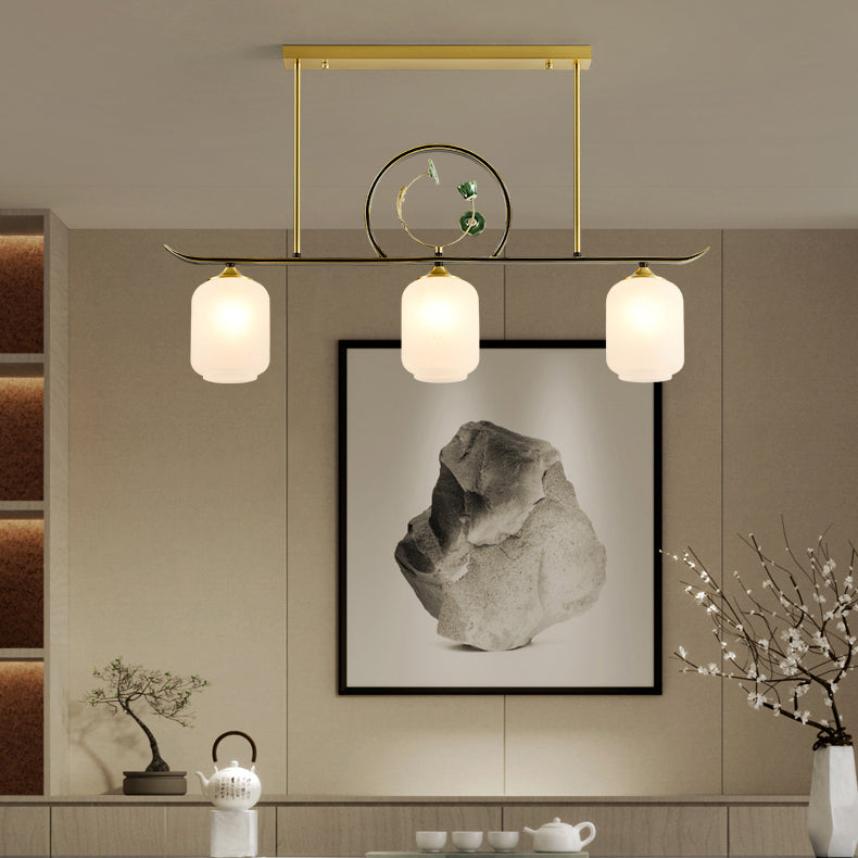 Modern Style Cylindrical Shape Island Lights White Glass 3-light Island Lighting in Gold
