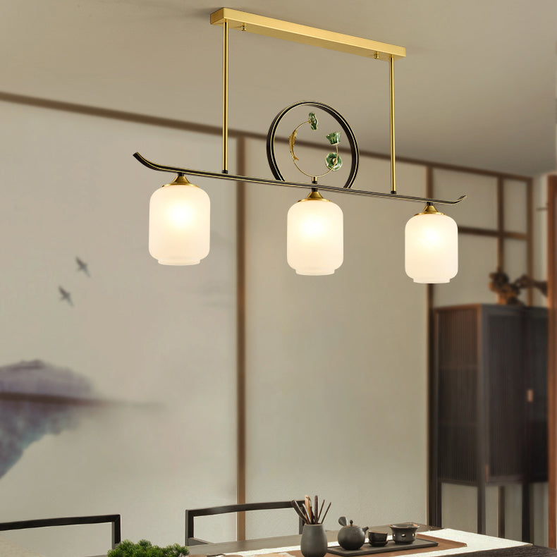Modern Style Cylindrical Shape Island Lights White Glass 3-light Island Lighting in Gold