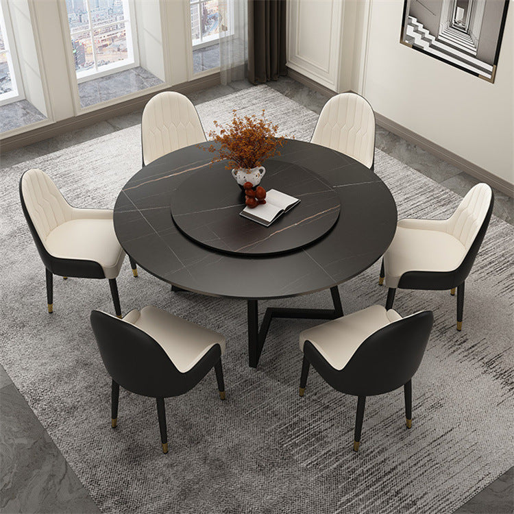 Black Double Pedestal Table Modern Round Stone and Metal Dining Room Table