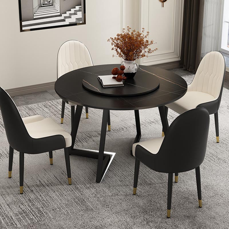 Black Double Pedestal Table Modern Round Stone and Metal Dining Room Table