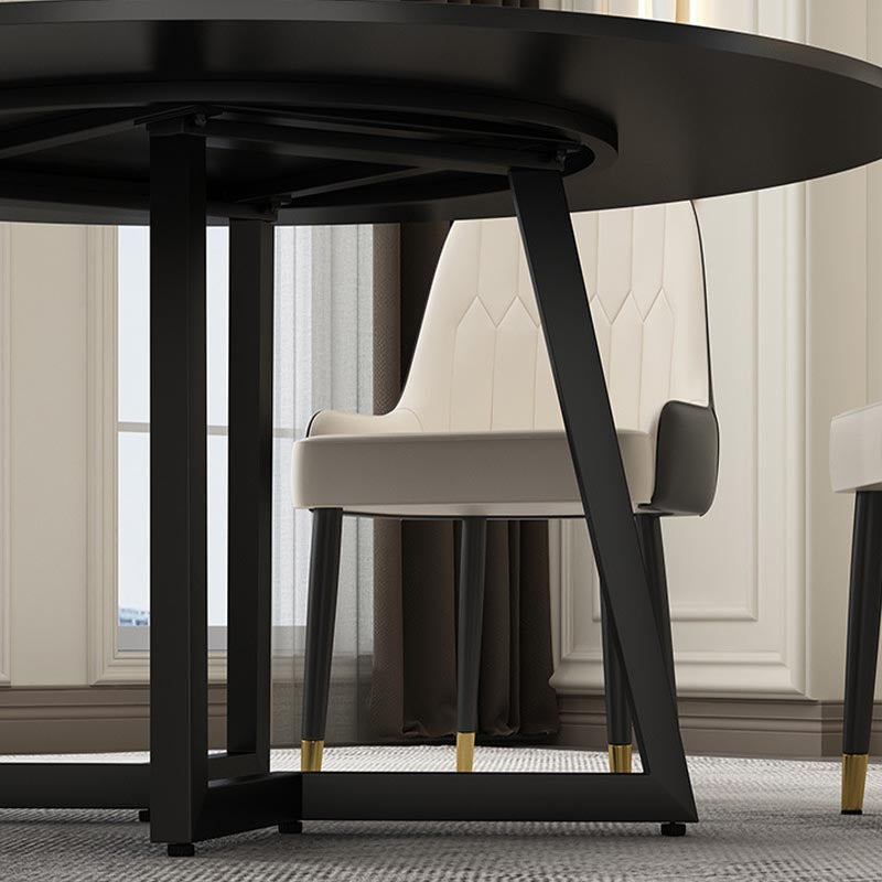 Black Double Pedestal Table Modern Round Stone and Metal Dining Room Table