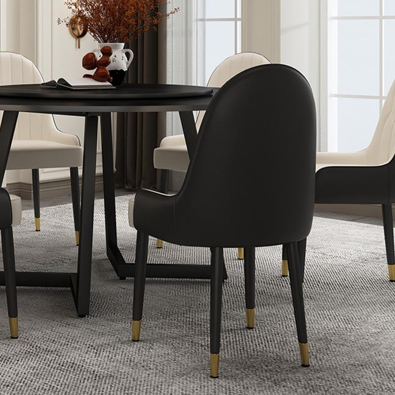 Black Double Pedestal Table Modern Round Stone and Metal Dining Room Table