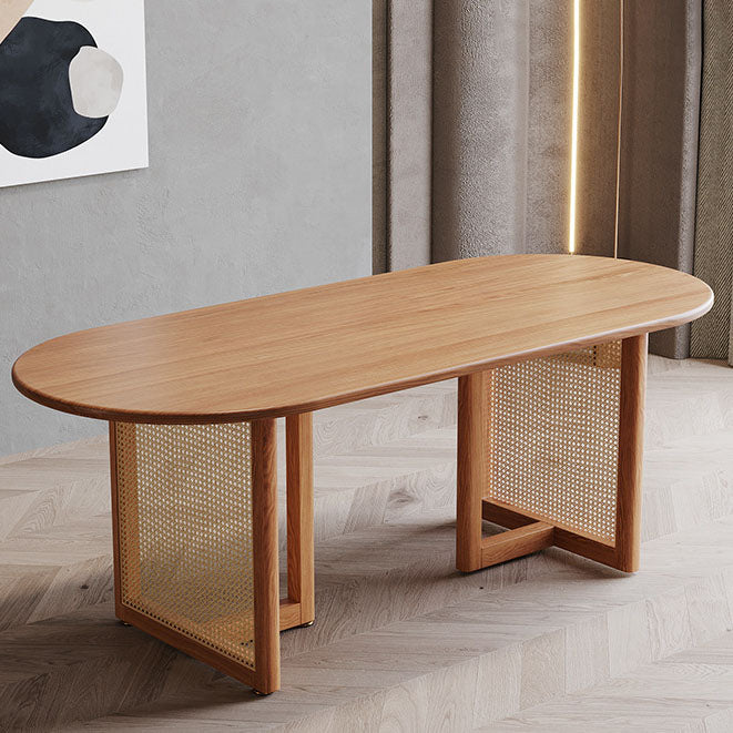 Oval Solid Wood Dining Table Modern Natural Furniture with Double Pedestal