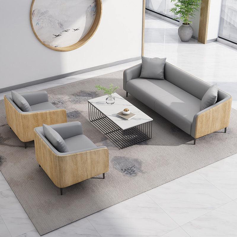 Modernism Faux Leather Sofa Tuxedo Arm Sofa with Wood Grain Accent