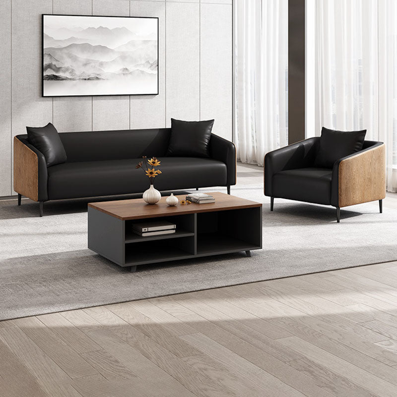 Modernism Faux Leather Sofa Tuxedo Arm Sofa with Wood Grain Accent