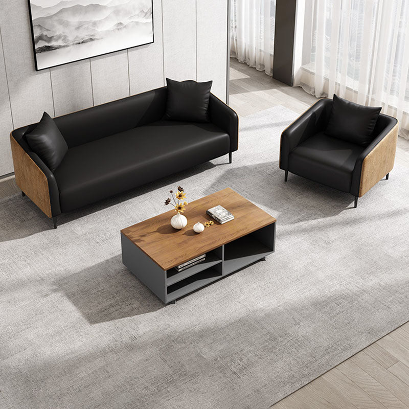 Modernism Faux Leather Sofa Tuxedo Arm Sofa with Wood Grain Accent