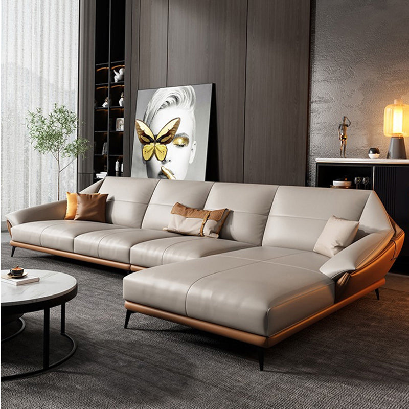Glam Sofa Chaise Stationary Genuine Leather Flared Arm Cushions Seating