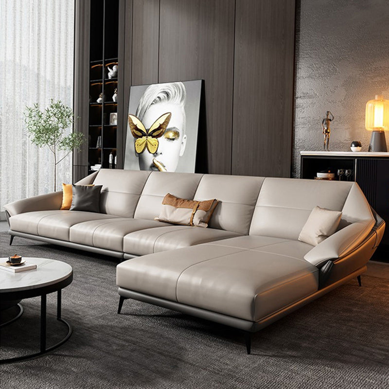 Glam Sofa Chaise Stationary Genuine Leather Flared Arm Cushions Seating