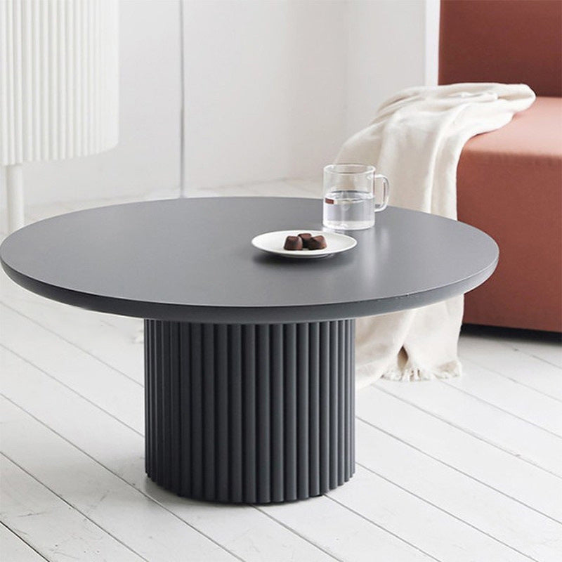 Contemporary Round Coffee Table with Solid Wood Top and Iron Pedestal Base