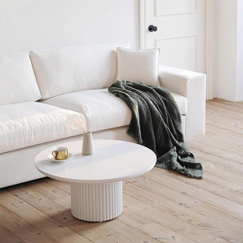 Contemporary Round Coffee Table with Solid Wood Top and Iron Pedestal Base