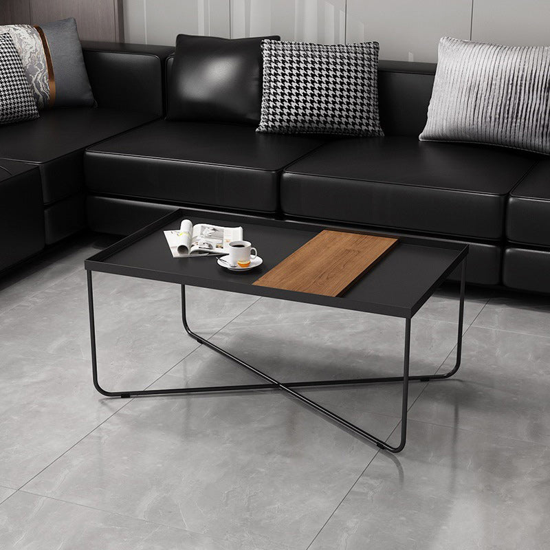 Mid-Century Modern Coffee Table with Iron Tray Top and Iron Cross Base