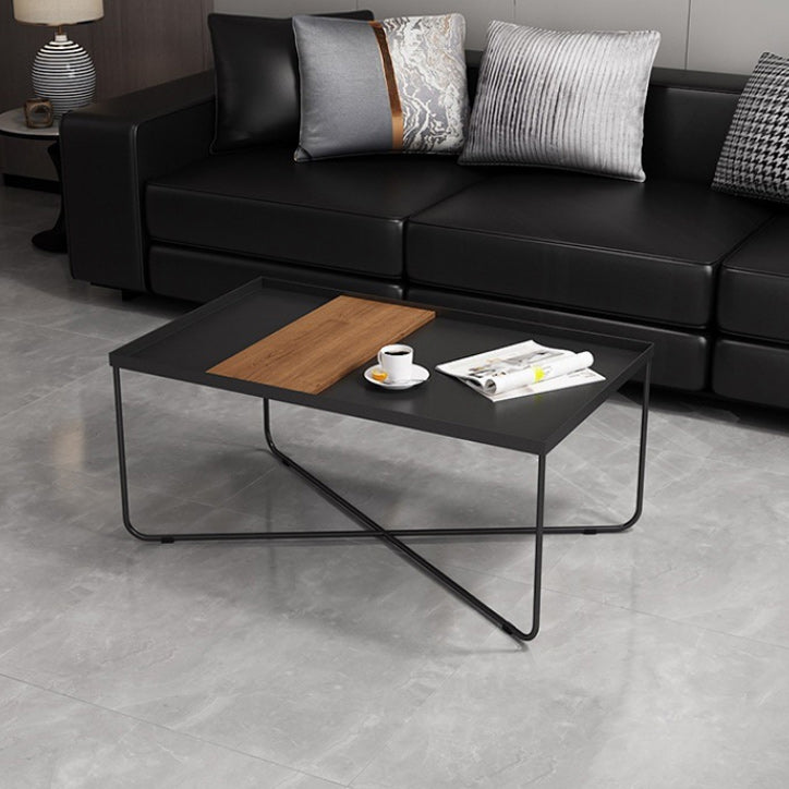 Mid-Century Modern Coffee Table with Iron Tray Top and Iron Cross Base