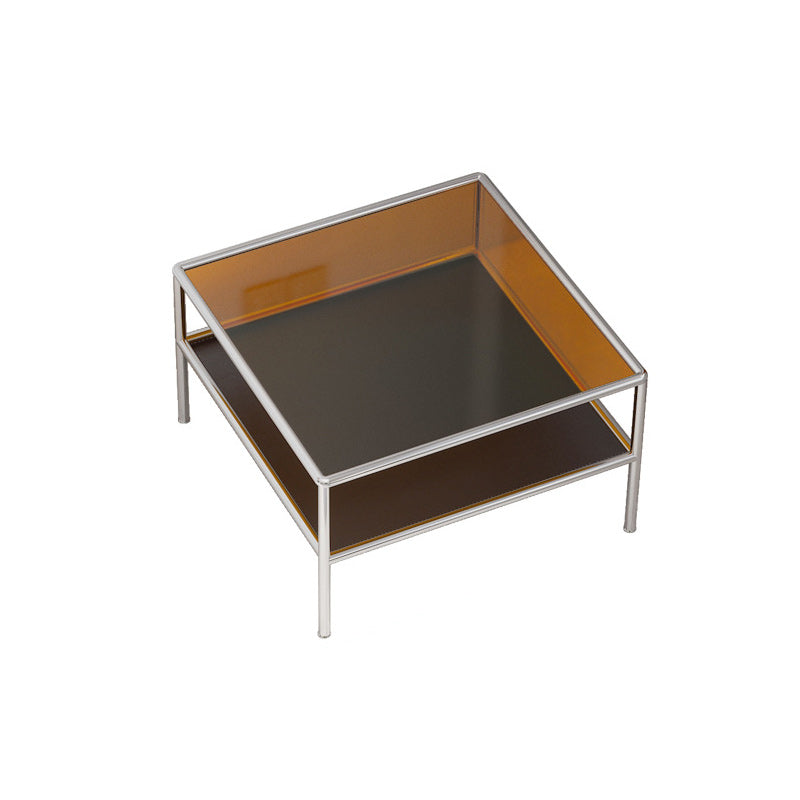 Contemporary Square Coffee Table with Shelf and Glass Top and Steel 4 Legs