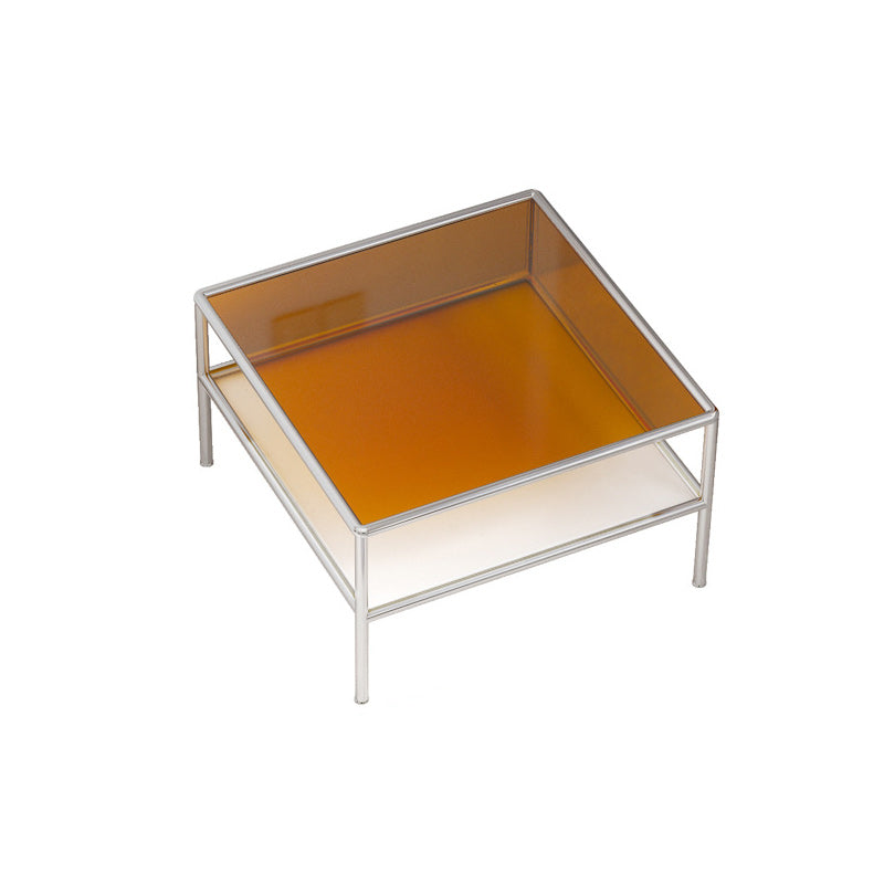 Contemporary Square Coffee Table with Shelf and Glass Top and Steel 4 Legs