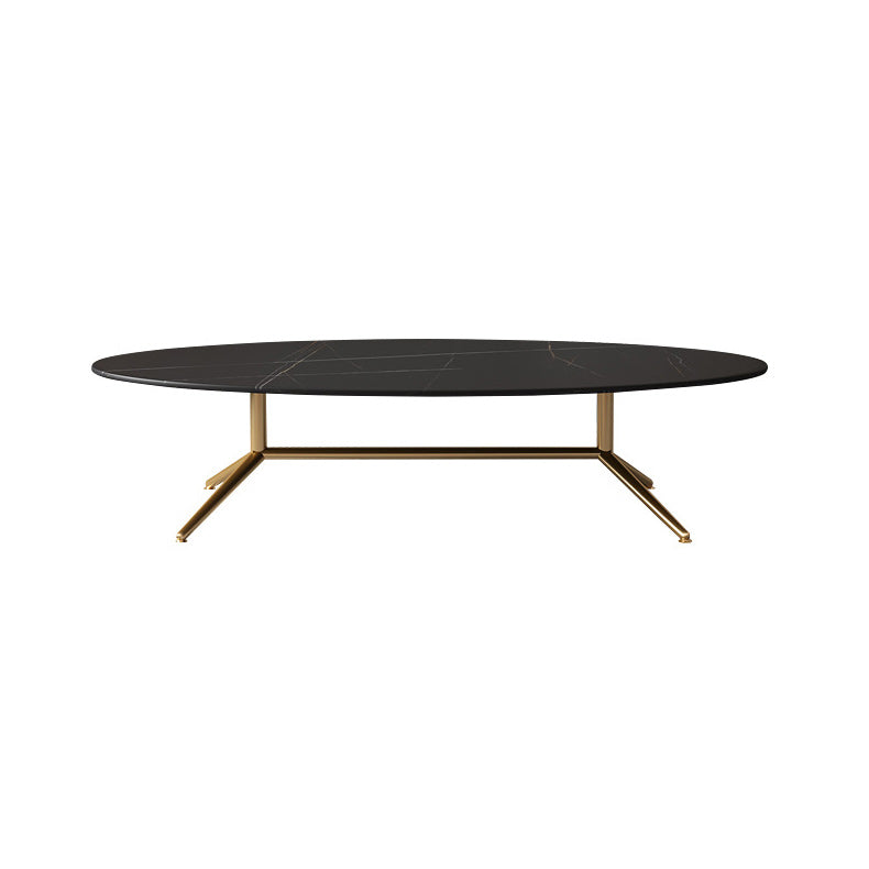 Glam Style Coffee Table with Oval Stone Top and Steel Trestle Base