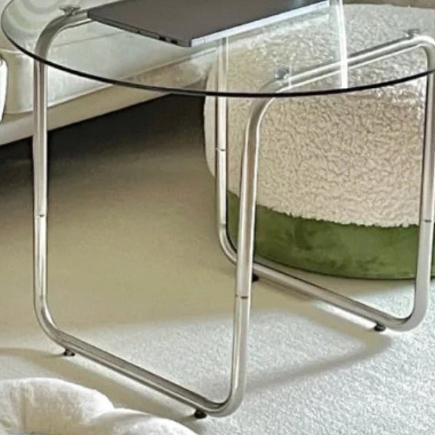 Modern Round Cocktail Table with Glass Top and Steel Sled Base