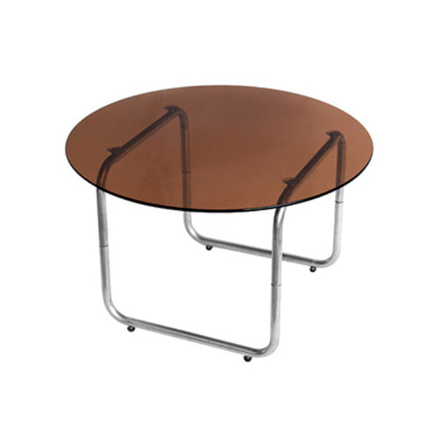 Modern Round Cocktail Table with Glass Top and Steel Sled Base