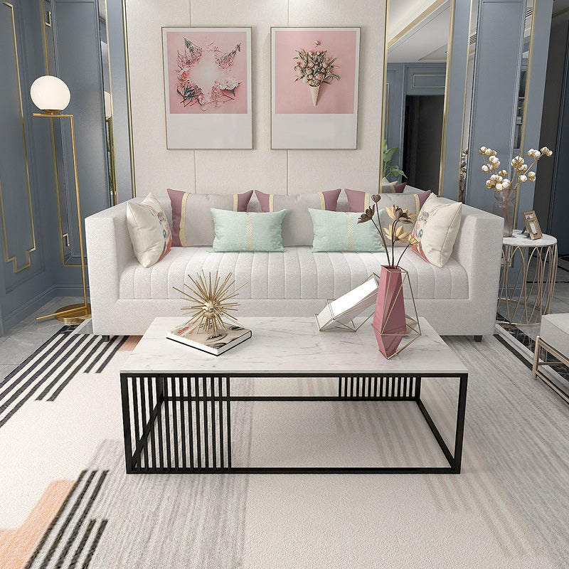 Glam Style Rectangle Coffee Table with Marble Top and Iron Frame Base